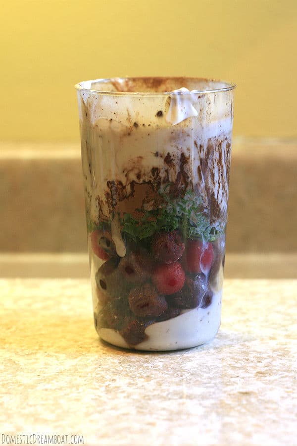 Heart Healthy Chocolate Cherry Smoothie Ingredients Mixed Together