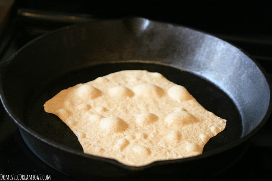 Whole wheat tortilla in skillet