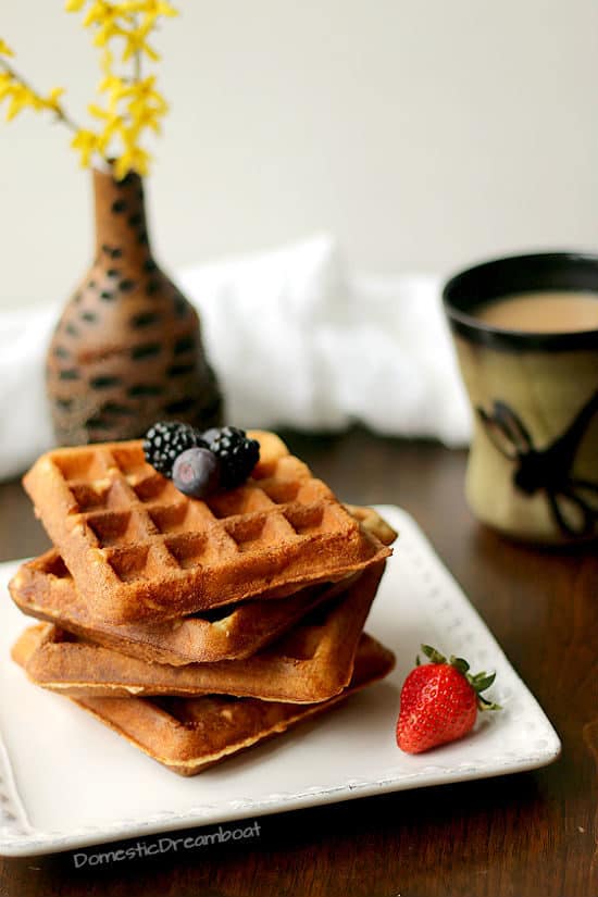 Overnight Yeast-Raised Belgian Waffles on a white plate topped with berries.