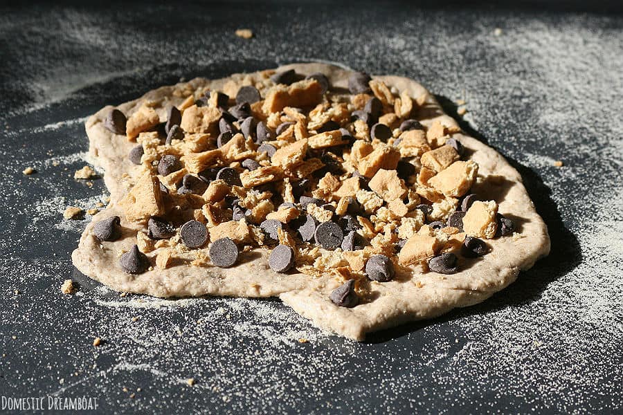 Pizza dough with chocolate chips and graham pieces