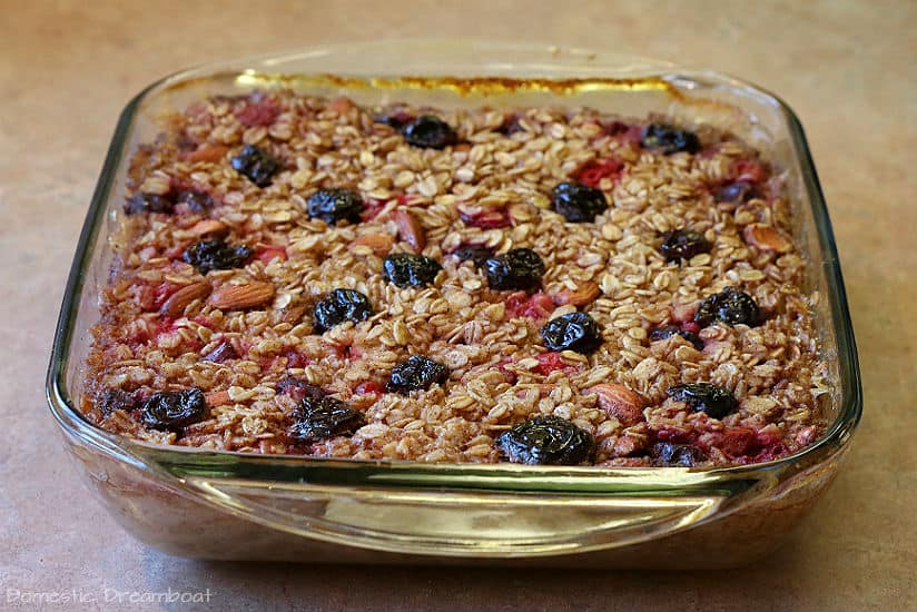 Cherry Almond Baked Oatmeal in a glass baking dish