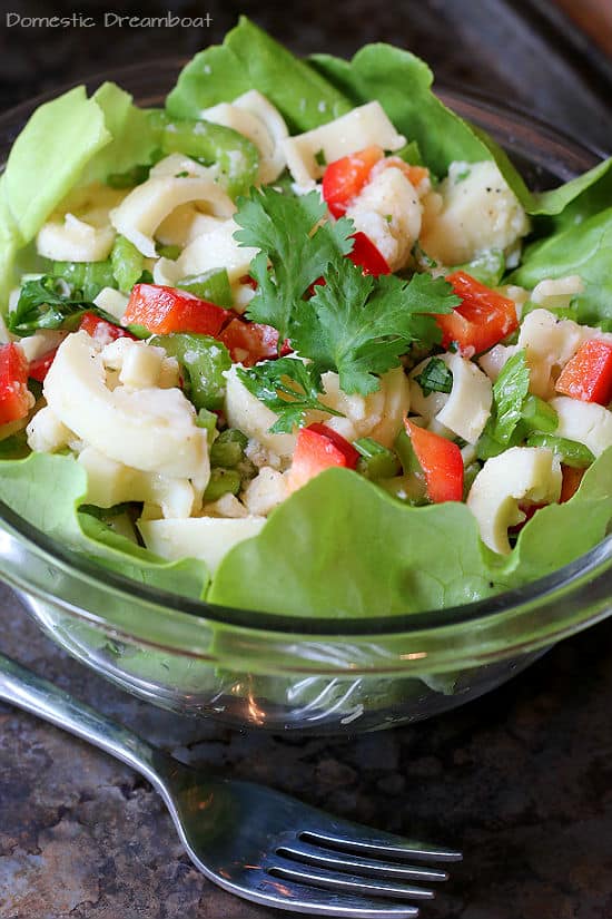 Costa Rican Heart of Palm Salad in a glass bowl.