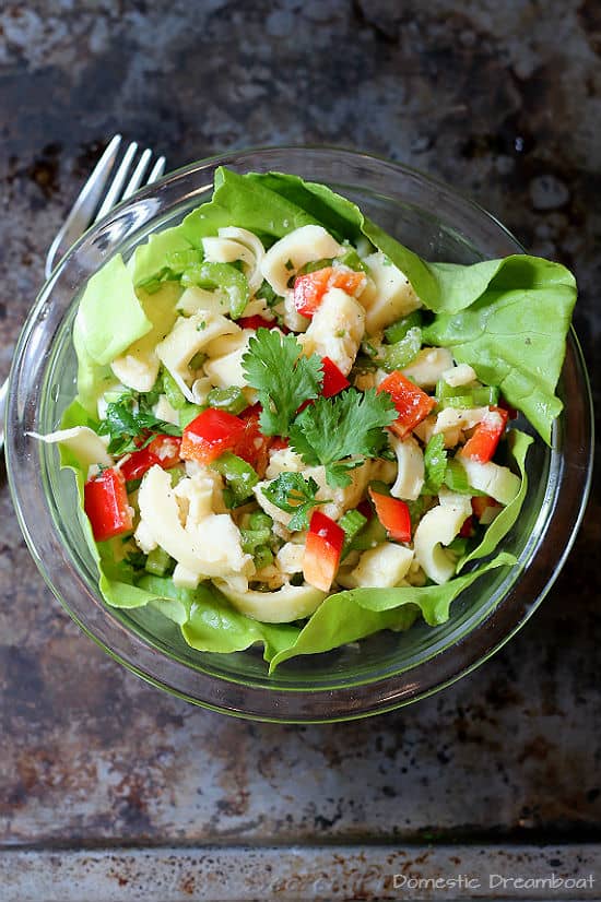 Heart of Palm salad in a glass bowl.