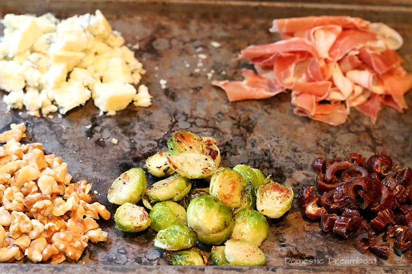 Roasted Brussels Sprout and Prosciutto Pizza with Dates, Walnuts and Gorgonzola
