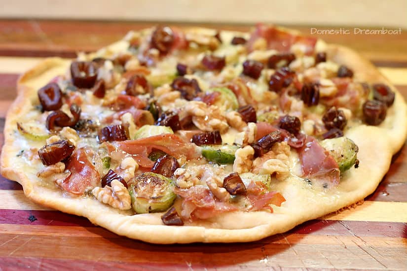 Roasted Brussels Sprout and Prosciutto Pizza with Dates, Walnuts and Gorgonzola