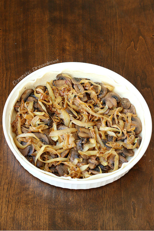 Caramelized Onion and Sauteed Mushrooms in a white tart dish.