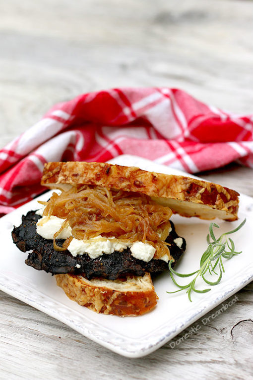 Grilled Portabella Mushroom Sandwich with Caramelized Onions and Goat Cheese