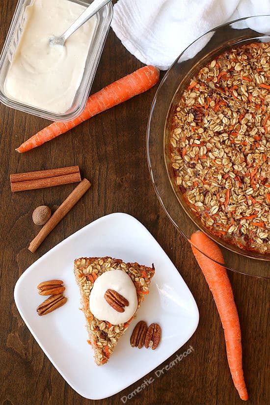 Overhead photo of Carrot Cake Baked Oatmeal on a white plate.