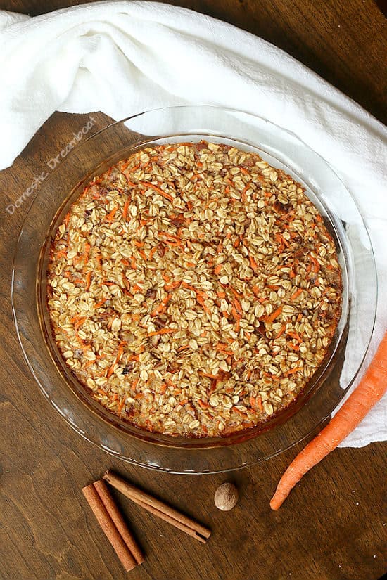 Carrot Cake Baked Oatmeal in a glass baking dish.