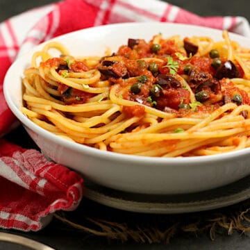 Spaghetti Puttanesca – Tomato Sauce with Olives, Capers, and Anchovies