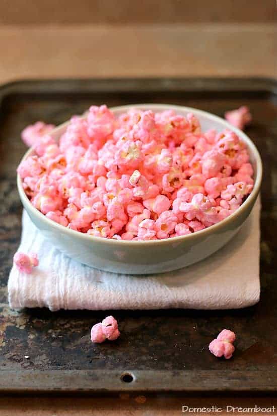 Pink Popcorn in a bowl