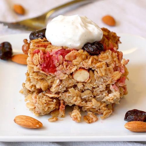 Baked oatmeal on plate cropped