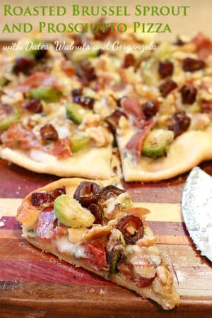 Roasted Brussels Sprouts and Prosciutto Pizza with text
