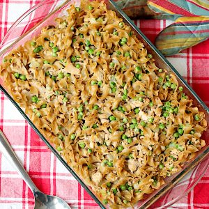 Overhead photo of salmon noodle casserole in a glass baking dish.