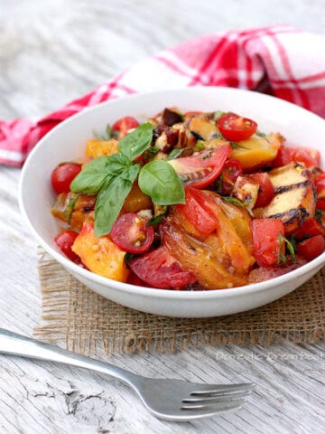 Caprese Salad with Grilled Peaches and Bread Cheese
