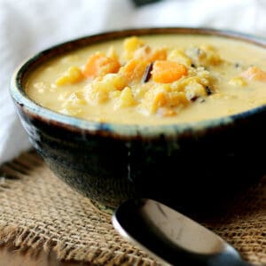Cauliflower and sweet potato soup closeup cropped