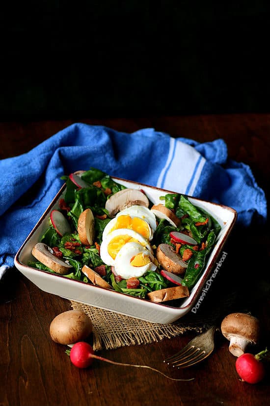 Warm Spinach Salad with Bacon, Eggs, and Mushrooms