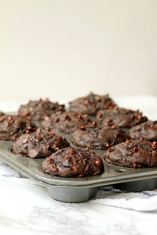 Double Chocolate Zucchini Muffins - Domestic Dreamboat #chocolate #healthier 