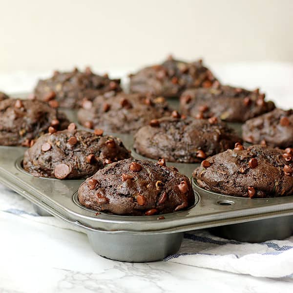 Double Chocolate Zucchini Muffins - Domestic Dreamboat #chocolate #healthier