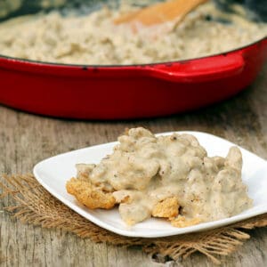 Biscuits and Gravy on plate with sausage gravy in the background