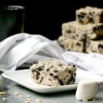 Cookies and cream rice krispie square on a plate