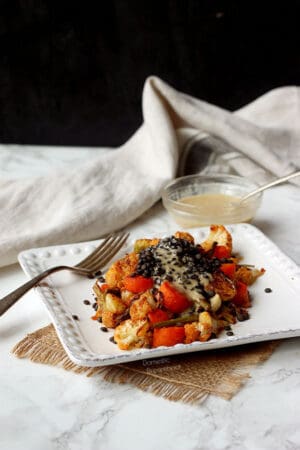 Roasted Veggies with Black Lentils with sauce