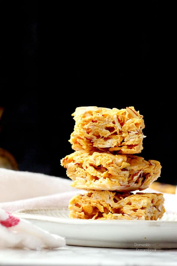 Stack of cornflake squares on a plate