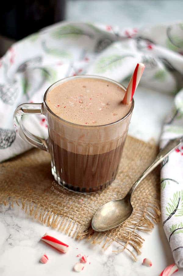 Peppermint mocha latte in a glass mug