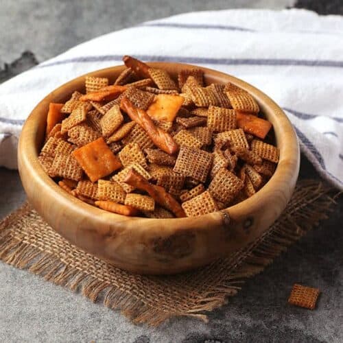 Chex mix in a wooden bowl