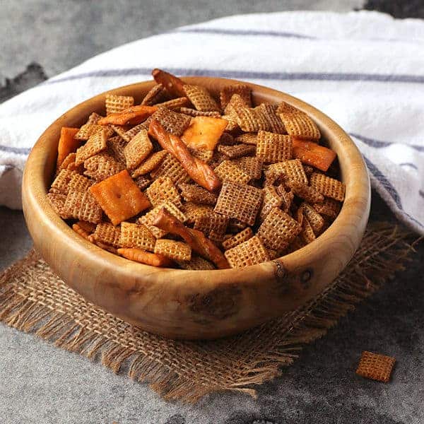 Sweet and Savory Chex Mix in bowl cropped