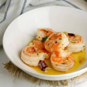 Garlic shrimp in a white bowl