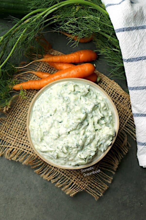 Overhead photo of tzatziki dip in a bowl