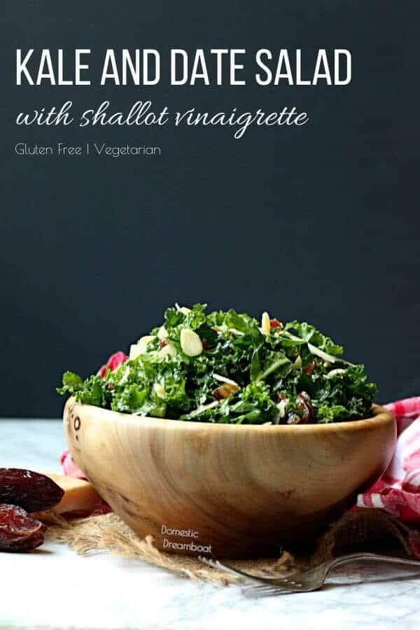 Kale and date salad in a wood bowl.