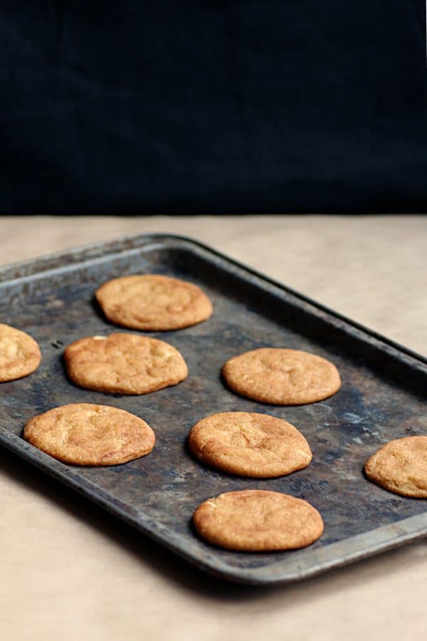 Browned Butter Snickerdoodles cookies on a baking sheet.
