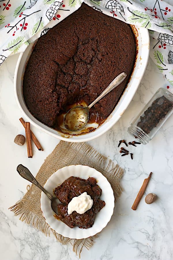 Overhead photo of gingerbread pudding cake in a white bowl and white casserole dish.