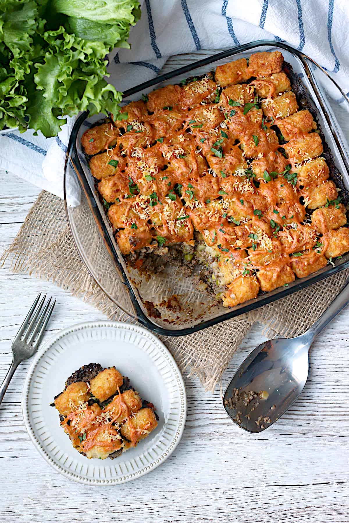 An overhead photo of tater tot topped Shepherd's Pie