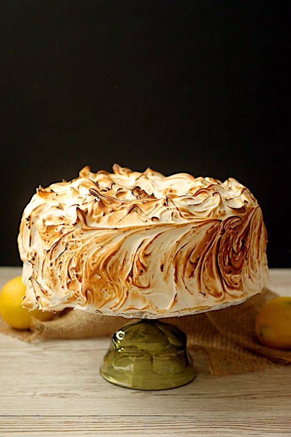 Homemade lemon meringue chiffon cake with toasted frosting.