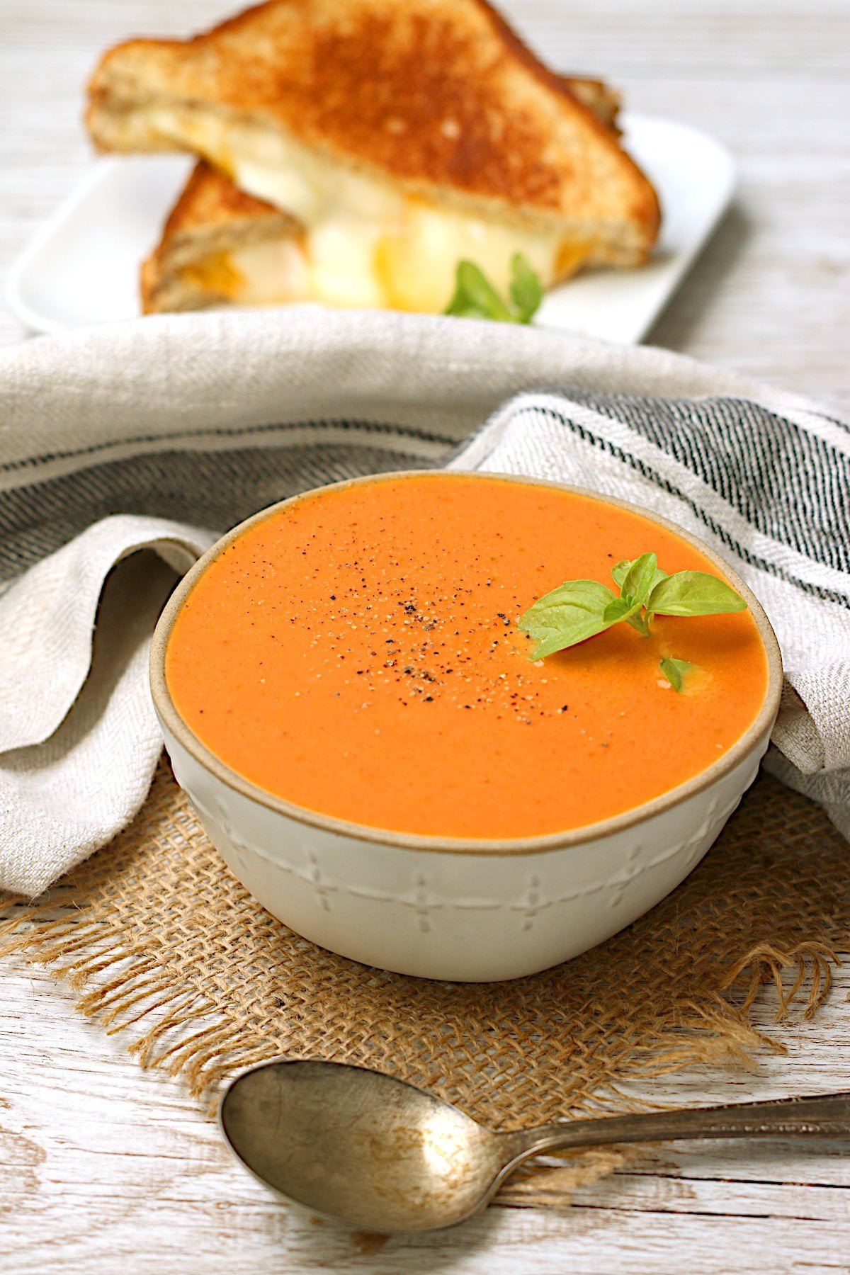 Cream of fresh tomato soup in a white bowl.