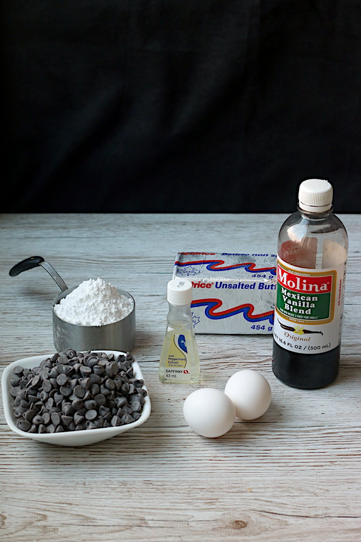 Copycat Frango Mint Ingredients - dark chocolate, powdered sugar, eggs, unsalted butter, vanilla, and peppermint extract.