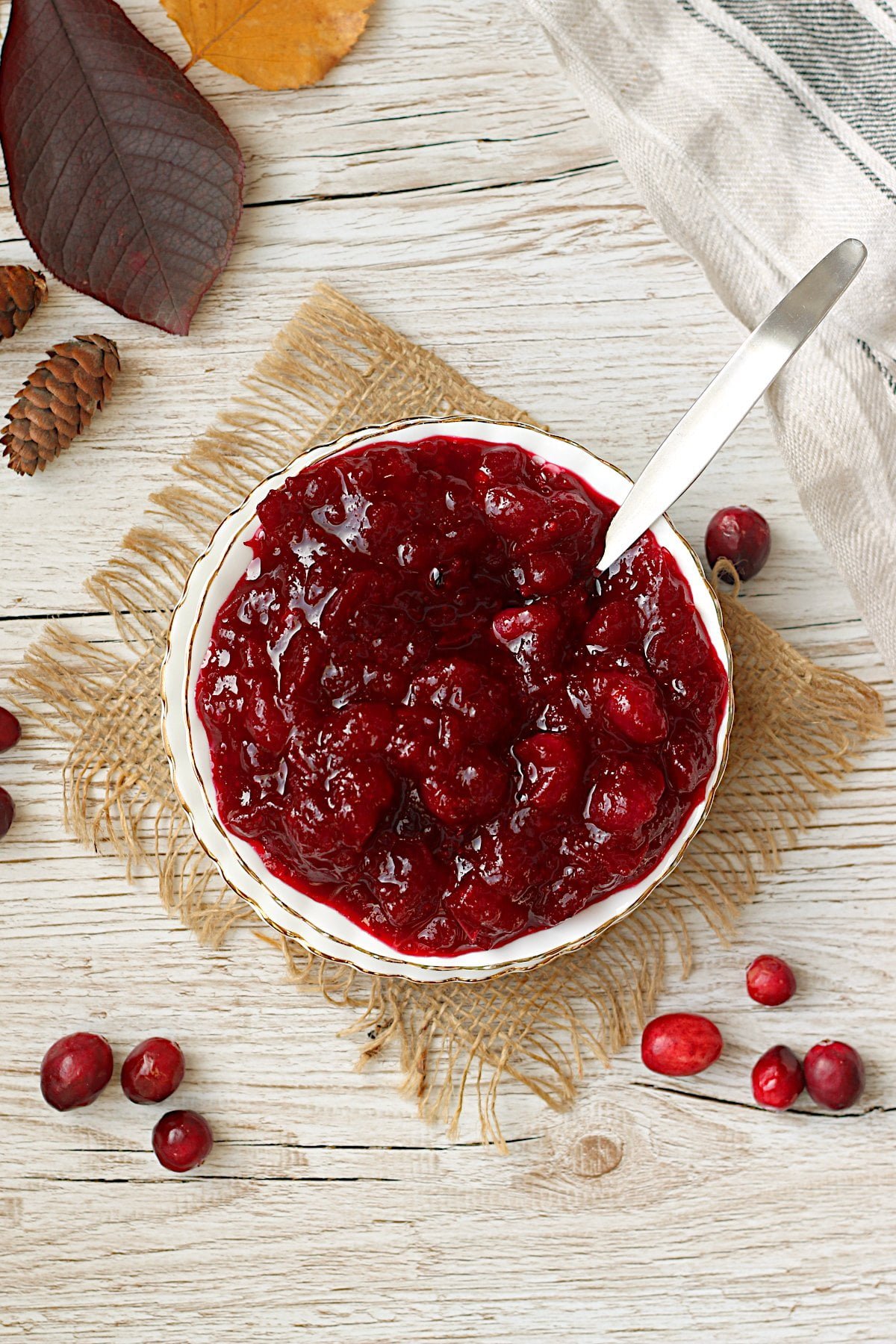 Overhead photo of Easy Homemade Cranberry Sauce in a white bowl.