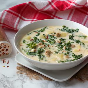 Homemade Lighter Zuppa Toscana Soup in a white bowl.