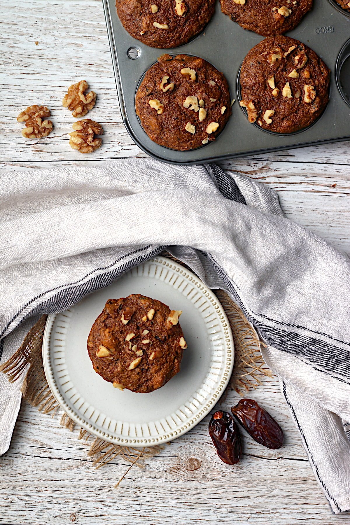 Overhead photo of homemade whole wheat date walnut muffins.