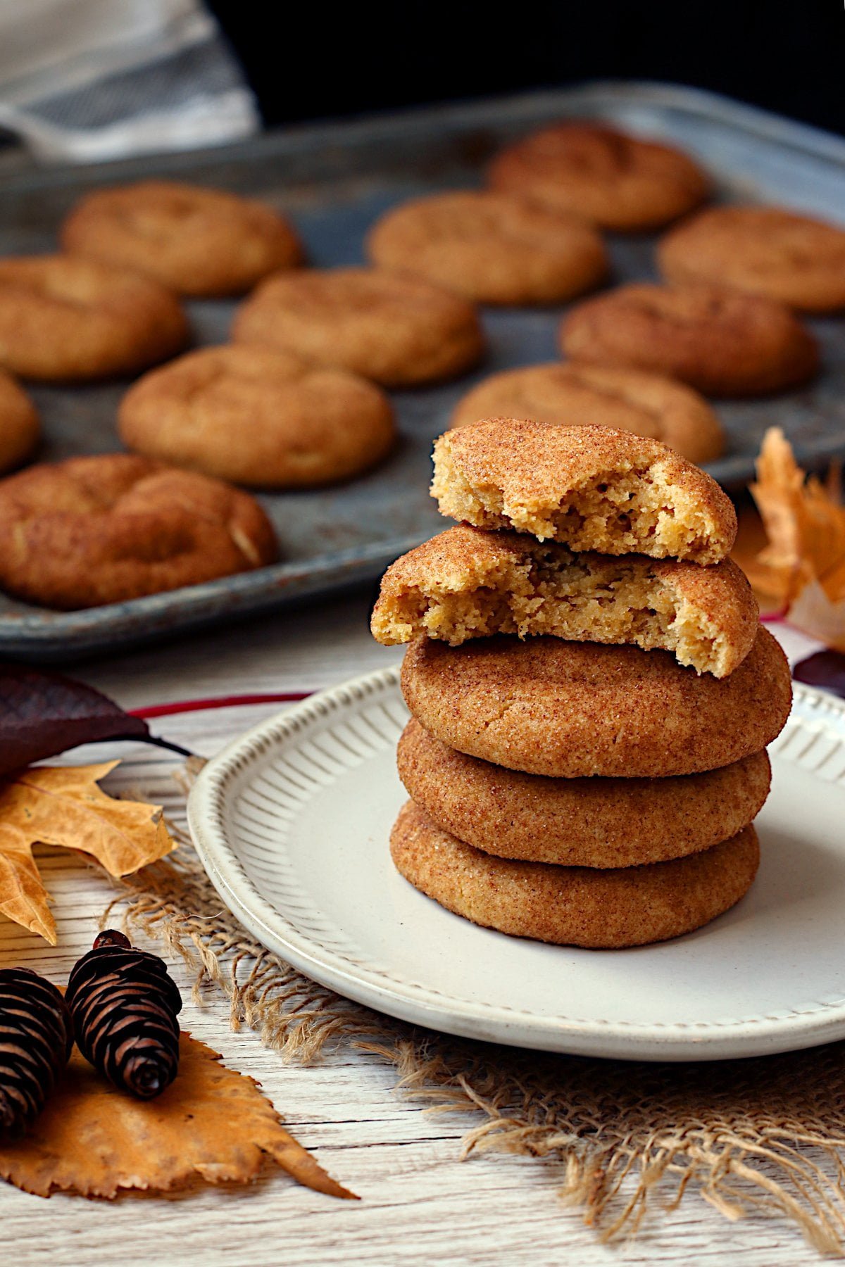 A stack of pumkpin spice snickerdoodles on a white plate (the cookie on top of the stack is broken in half).