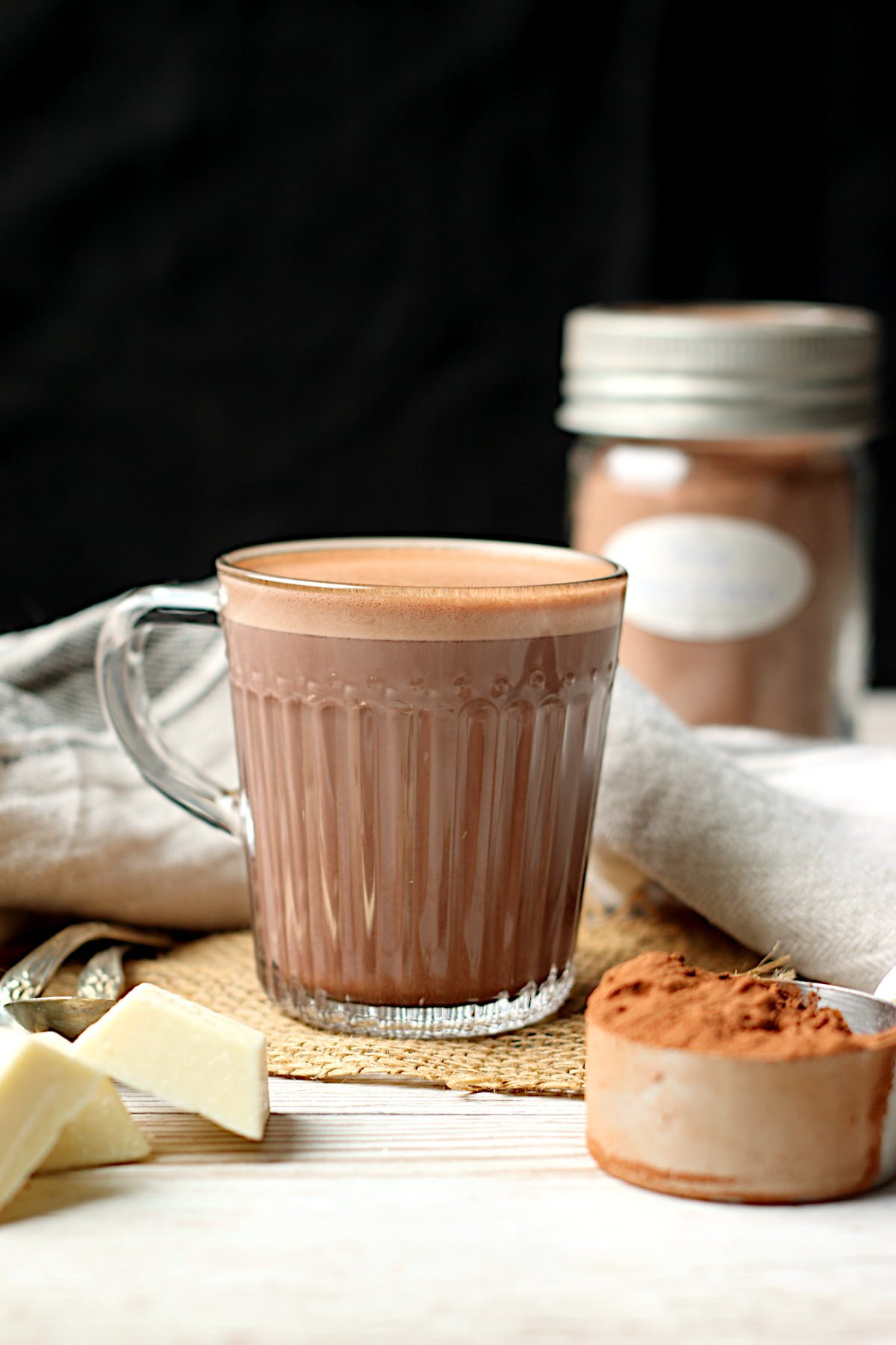Homemade Hot Chocolate in a clear glass mug.