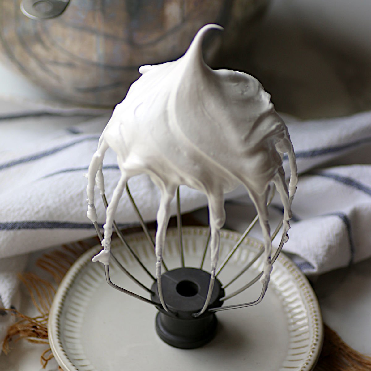 Italian Meringue Italian Meringue on a stand mixer whisk attachment.