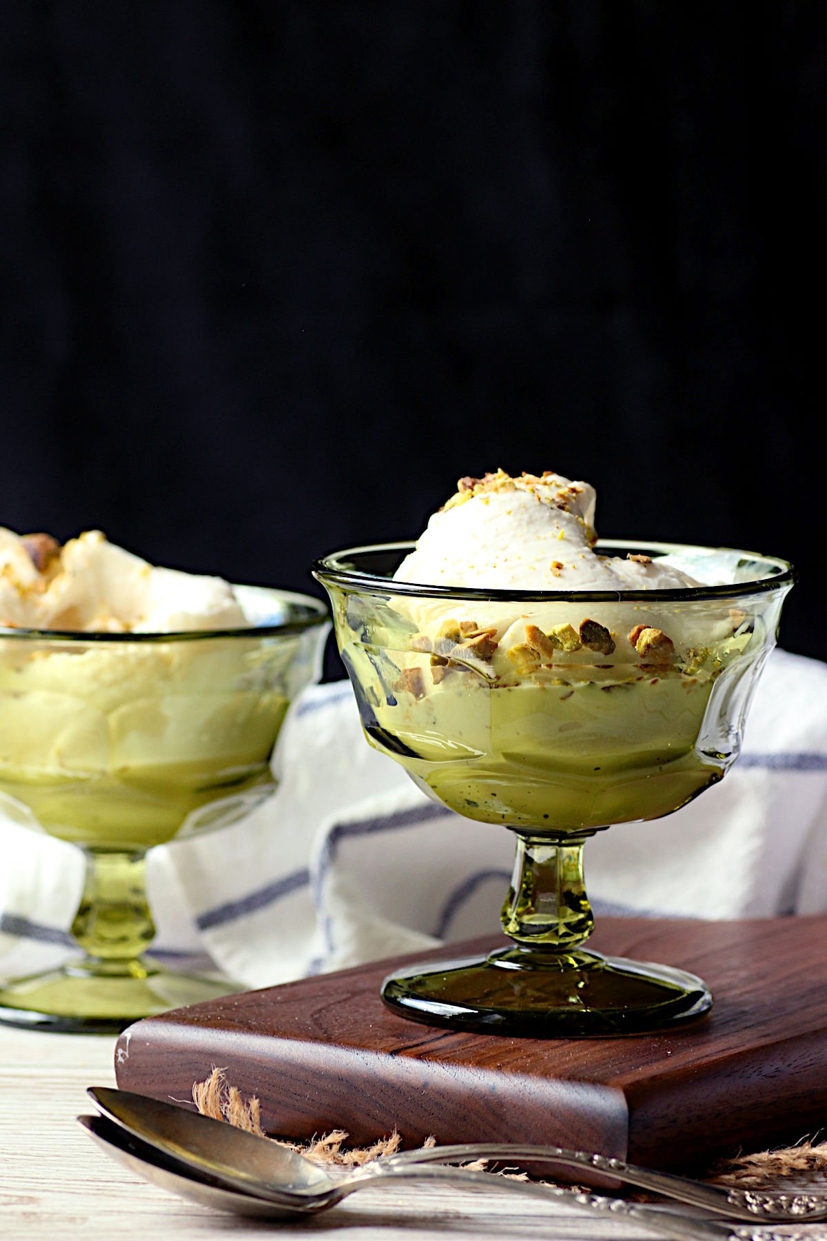 Booza-Inspired Ice Cream in small green dessert dishes.