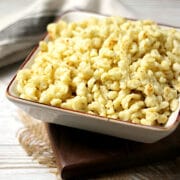 Homemade Spaetzle in a square bowl.