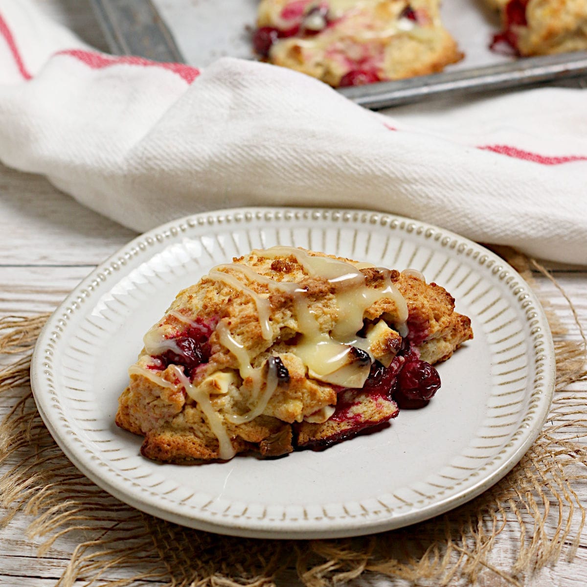 A Cranberry Orange Scone with White Chocolate on a small white plate.