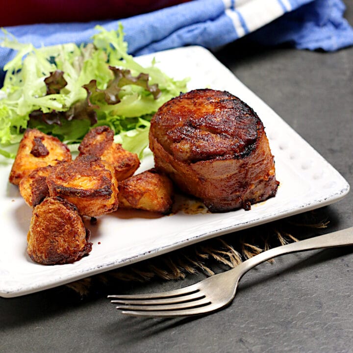Domestic Dreamboat: Real, Easy, Food. Bacon Wrapped Pork Medallion on plate cropped