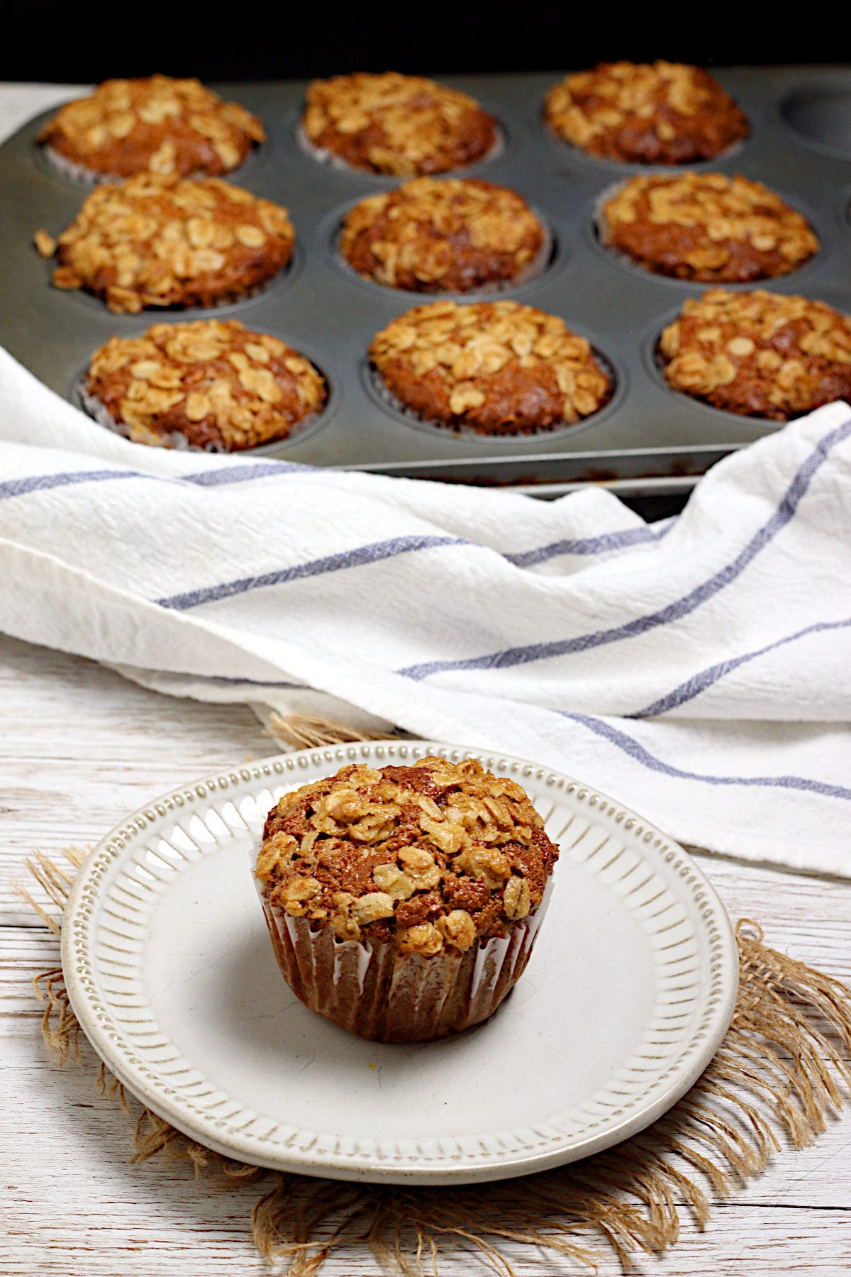 Maple and Brown Sugar Oatmeal Muffins A homemade Maple and Brown Sugar Oatmeal Muffin on a small white plate.